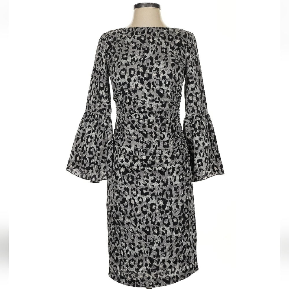 Tracy Reese Flounce Sleeve Animal Print Silk Dress Grey|Silver|Black Size 0